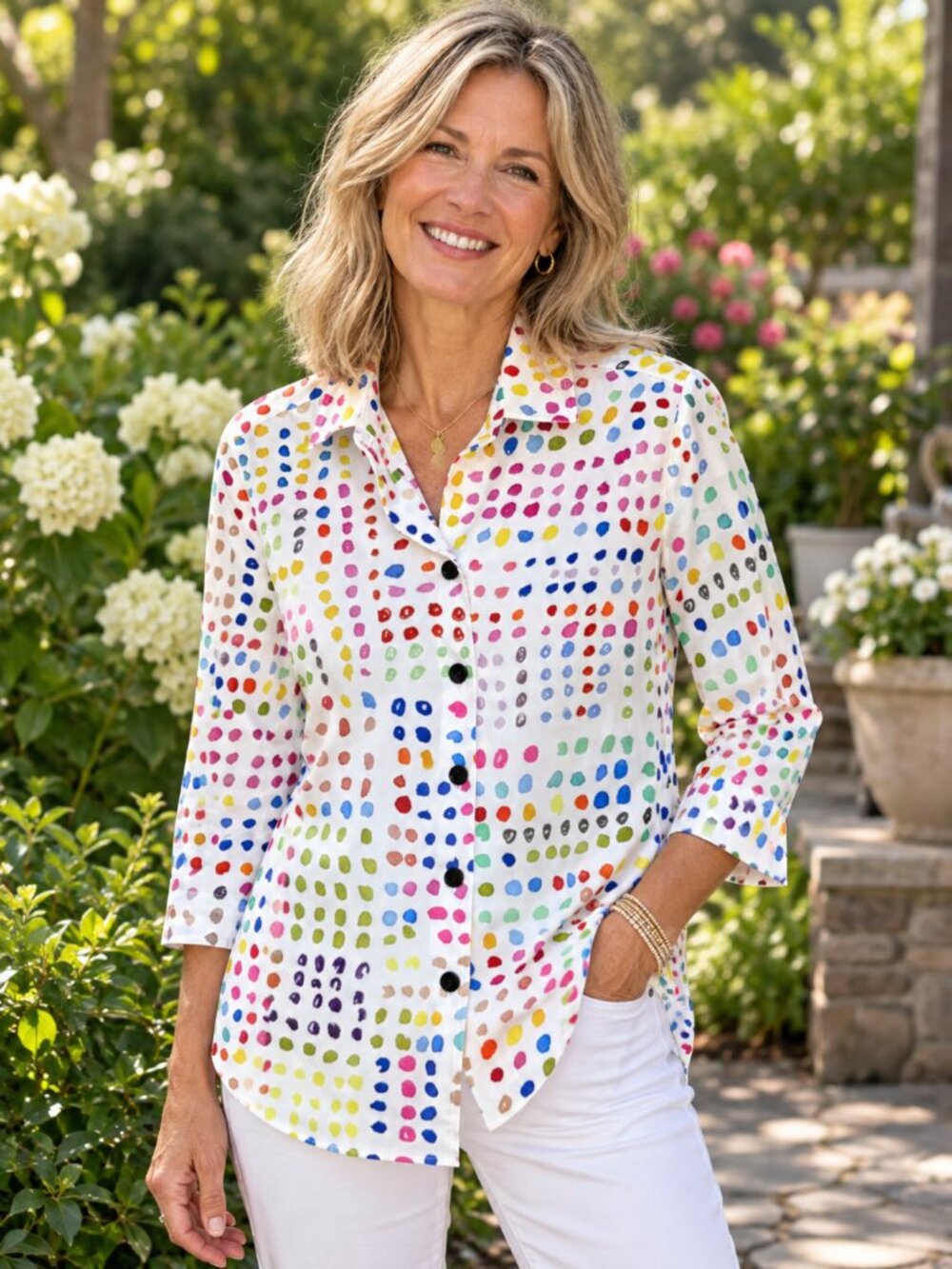 Caroline Rose Multicolor Dot Print Button Front Tunic Top Small